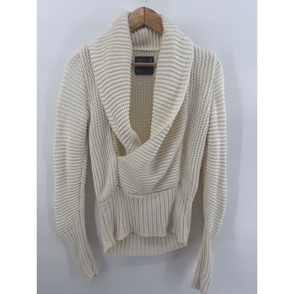 American Eagle Cream Chunky Knit Shawl Collar Wrap Sweater Medium 6219